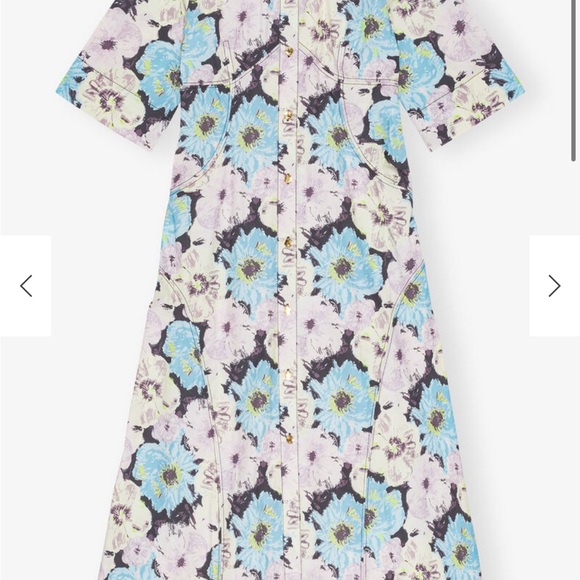 Ganni Floral Long Sleeve Dress in Blue and Cream - Picture 4 of 5
